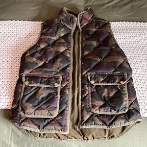 J. Crew Camo Puffer Vest with gold detail, size Medium